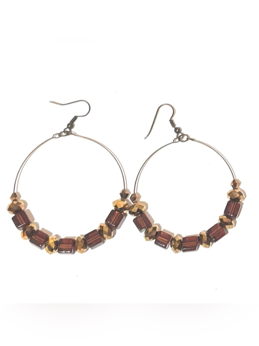 Handmade Gold and Brown Beaded Hoop Earrings